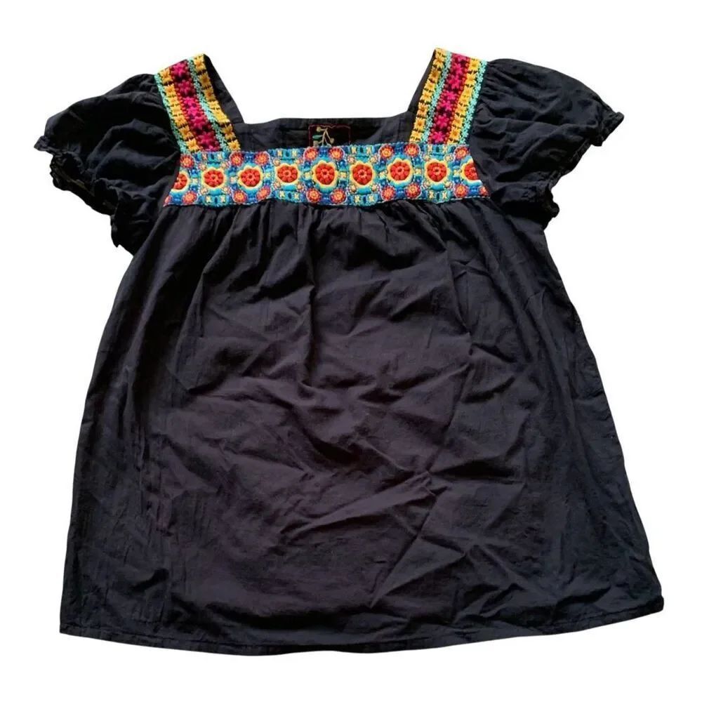 Johnny Was Peasant black Embroidered Floral Blouse Top Shirt sz M